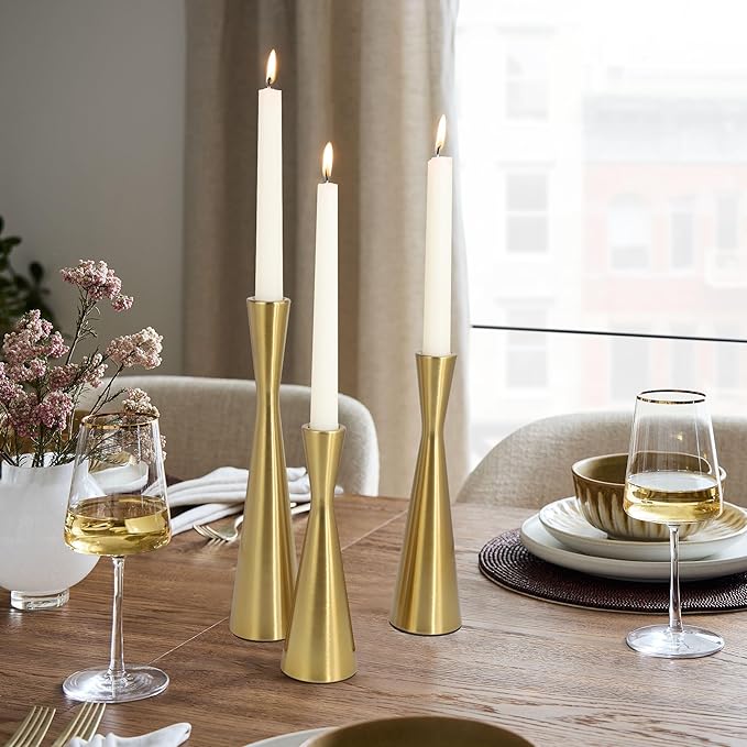 Vixdonos Brass Gold Taper Candle Holders Metal Candlestick Holders Set of 3 Table Mantel Decorative Candle Stand for Dinning,Party，Wedding,Home Decor(Brass Gold)