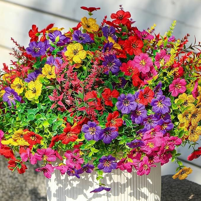 SHareconn 24 Bundles Artificial Flowers for Outdoors Decoration, Faux Plants Fake Silk Colorful Daisy Eucalyptus Lavender, UV Resistant for Outside Home Porch Patio Spring Decor, RedRosyPurpleYellow