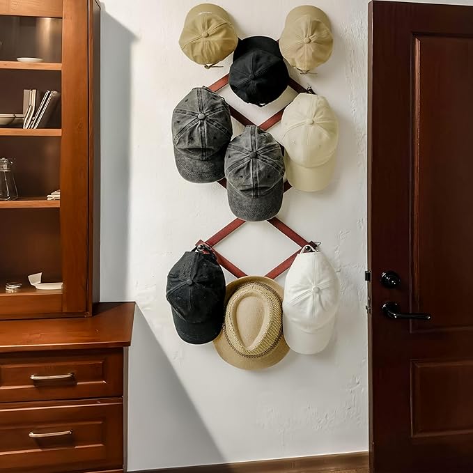 SKOLOO Hat Rack for Wall with 14 Hooks, Solid Wooden, Modern, Expandable Coat Rack Wall Mount for Coats, Hats, Bags, Baseball Caps, Cherry Red