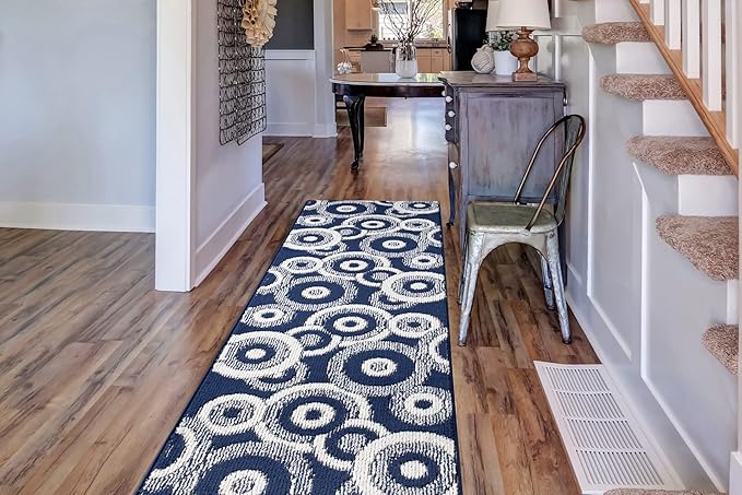 Custom Length Cut to Size Retro Modern Coastal Carpet Runner Rug for Hallways, Non Slip Rubber Backed, 31 inch Wide X Customized Length, Geo Blue, 31 inch X 20 feet