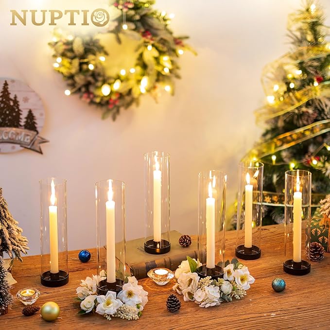 NUPTIO Hurricane Glass Candle Holders: 2 Pcs Black Candlestick Tapers Holder with 11.81 inch Tall Clear Cylinder Cover Metal Candle Sticks Stand for Wedding Christmas Thanksgiving Halloween Decor