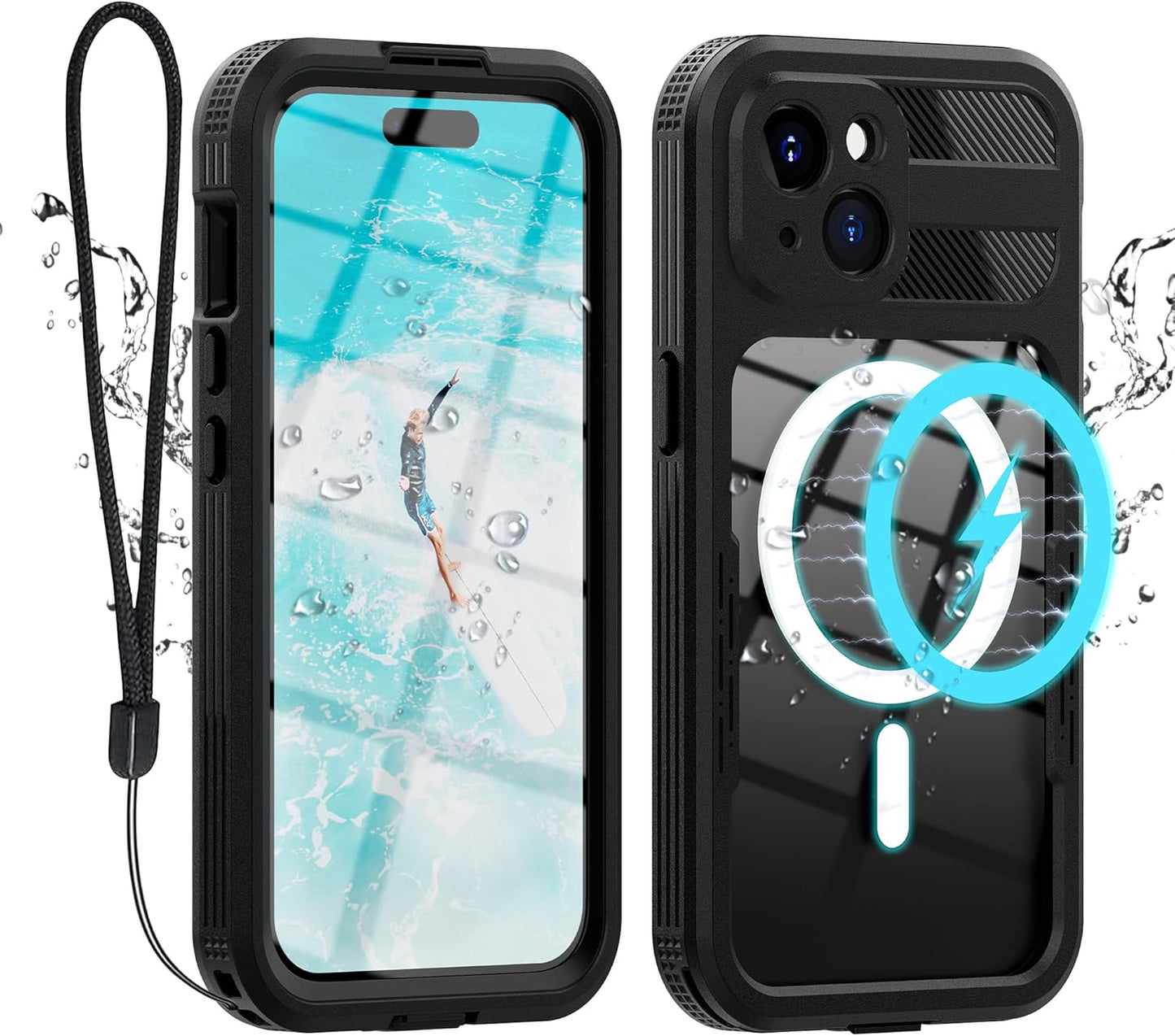 iPhone 15 Plus 5G Waterproof Case, Black, Hybrid Rugged, Shockproof, Magsafe Compatible, Full Body Protection, Lanyard,