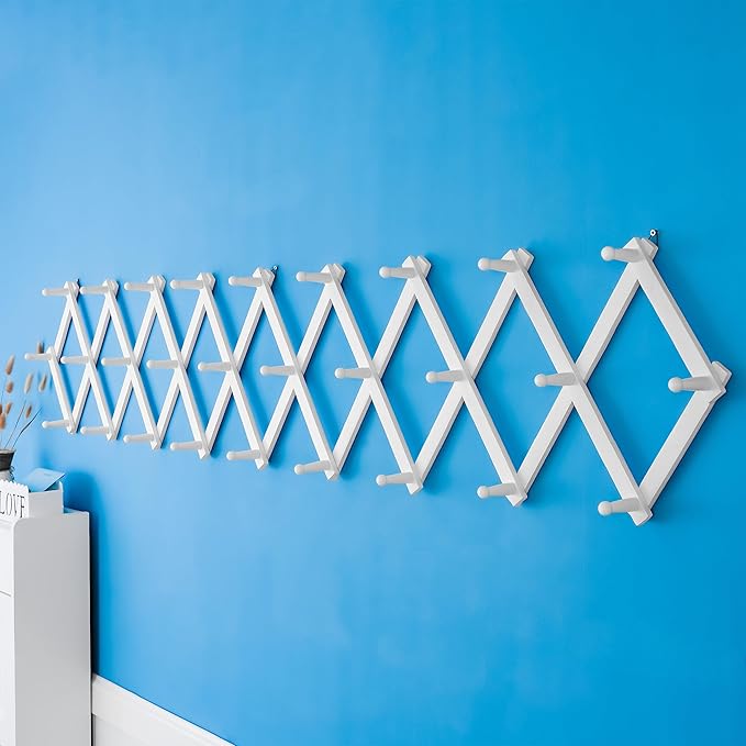SKOLOO Accordion Wall Hanger with 28 Hooks, Modern Expandable Coat Rack Hat Rack for Wall, Solid Wooden, White