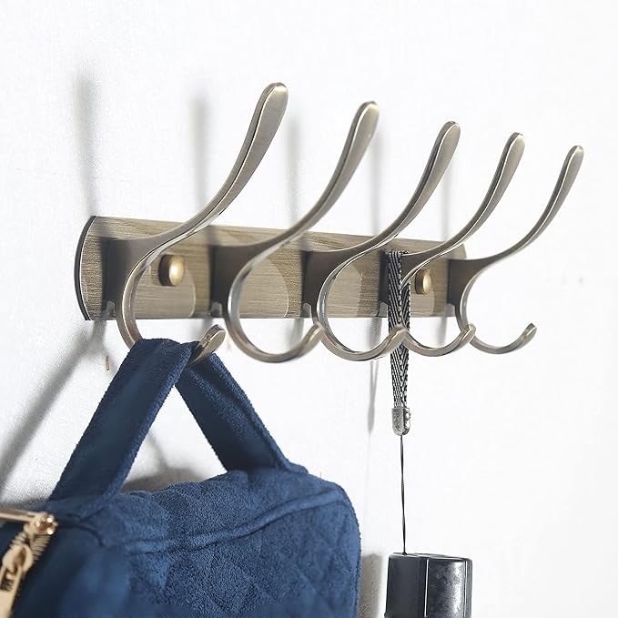 SKOLOO Modern Metal Wall Coat Rack with 5 Hooks, Sturdy Wall Hook Rack for Hanging Jacket, Clothes, Hat, Bronze