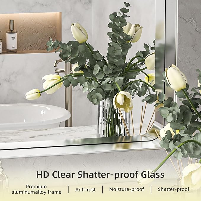 Hasipu 55×32 Inch Large Bathroom Mirror for Wall, Rectangular Silver Metal Frame Bathroom Mirrors, Modern Wall Mounted Vanity Mirror for Bathroom (Hangs Horizontal or Vertical)