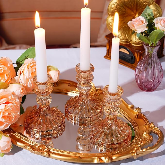 Suclain 24 Pcs Glass Taper Candle Holder Sets 12 Candlestick Holder with 12 White Long Candles for Wedding Party Decor Dinner Decoration(Amber)