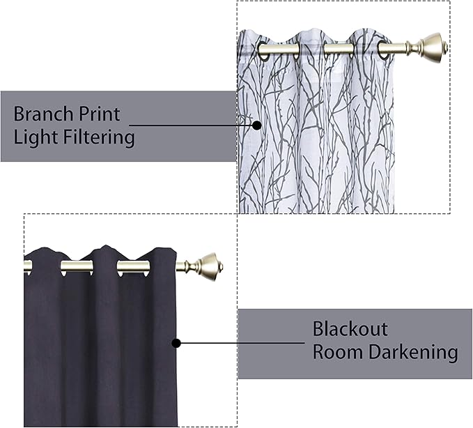 BONZER Mix and Match Curtains - 2 Pieces Branch Print Sheer Curtains and 2 Pieces Blackout Curtains for Bedroom Living Room Grommet Window Drapes, 37x84 Inch/Panel, Grey Dark, Set of 4 Panels