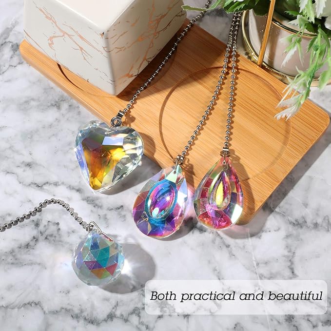 4 Pieces Crystal Ceiling Fan Pull Chain Decorative Rainbow Pull Chain Extension 20 Inch Ceiling Ornament with Ball Connector(Longan, Water Drop, Heart, Round)