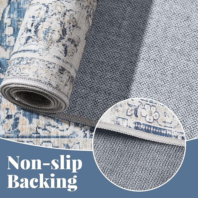 jinchan Hallway Runner Rug 3x10 Machine Washable Runner Rug Dark Blue Vintage Floral Design Non-Slip Low Pile Ultra-Thin for Kitchen Laundry Room Bedroom Farmhouse (3‘x10',Dark Blue)