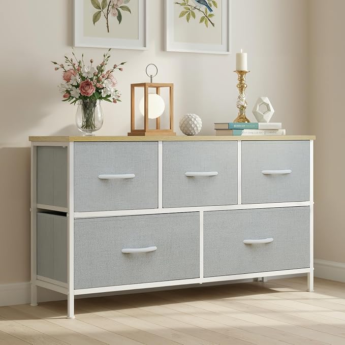 OLIXIS Dresser for Bedroom with 5 Drawers, Wide Chest of Drawers, Fabric Bedroom Dresser with Drawer Organizer, Storage Organizer Unit with Fabric Bins for Closet, Living Room, Hallway, Classic Black