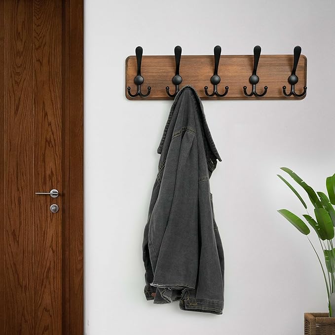 WEBI Rustic Coat Rack Wall Mount,Solid Wood Coat Hooks Wall Mounted Coat Hanger,16" Hole to Hole,Hook Rack Rail,5 Triple Hooks for Hanging Coats,Jacket,Clothes,Brown