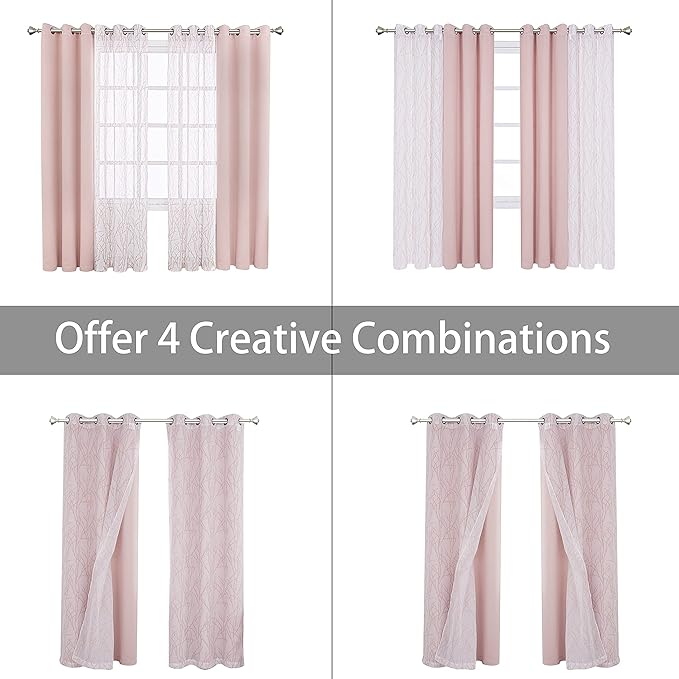 BONZER Mix and Match Curtains - 2 Pieces Branch Print Sheer Curtains and 2 Pieces Blackout Curtains for Bedroom Living Room Grommet Window Drapes, 37x95 Inch/Panel, Blush, Set of 4 Panels