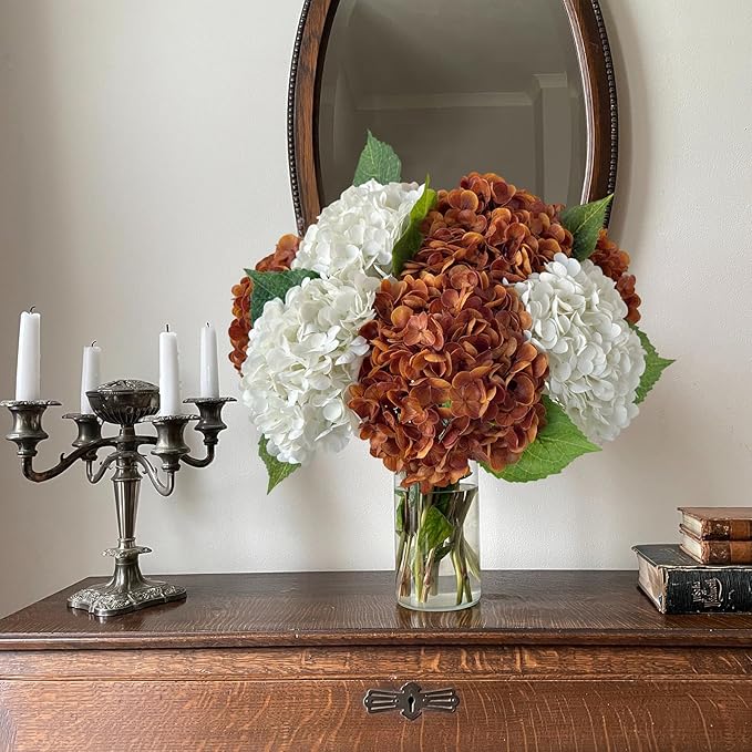 YalzoneMet 4 Pcs Orange Brown Hydrangea Artificial Flowers 21‘’ Real Touch Latex Hydrangea Fake Flowers for Fall Home Decor Party Kitchen Bedroom Bronze Vintage Flower Table Centerpieces
