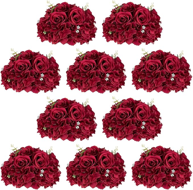 NUPTIO Flower Balls for Centerpieces Wedding: 10 Pcs 11.8 inch Diameter Artificial Flower Ball Arrangement Bouquet Centerpiece for Tables - Burgundy Fake Rose Flowers for Wedding Decor