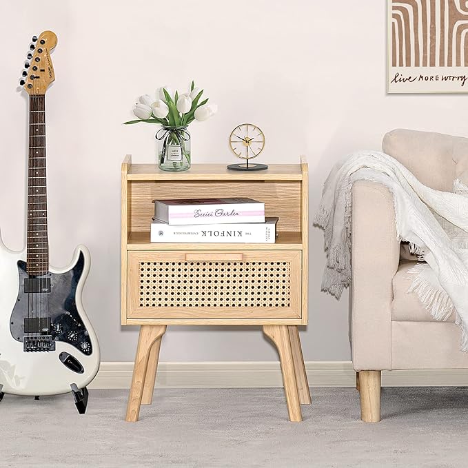 Lerliuo Rattan Nightstand, Boho Side Table with Drawer Open Shelf, Cane Accent Bedside End Table with Solid Wood Legs for Bedroom, Dorm and Small Spaces (Natural)