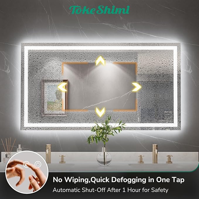 TokeShimi 60x36 LED Bathroom Mirror with 3-Color Lights,Anti-Fog LED Bathroom Vanity Mirror with Lights,Stepless Dimmable,HD Tempered Glass,Memory Function,Waterproof,Shatterproof,UL Listed
