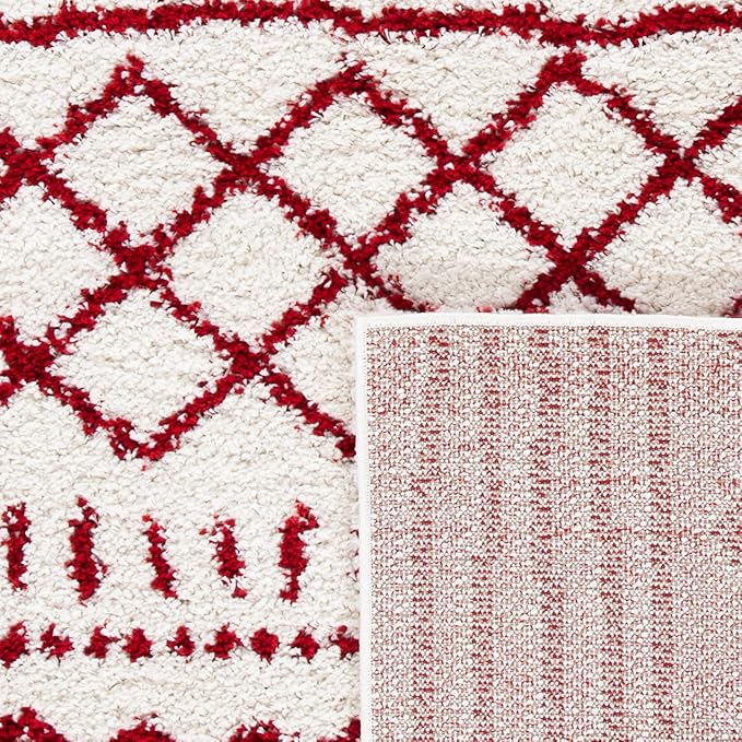 SAFAVIEH Area Rug 8x10 - Arizona Shag Collection - Large - Ivory & Red, Moroccan Design, Non-Shedding & Easy Cleaning, Ultra Plush Thick Pile, Ideal for Living Room, Bedroom, Dining Space (ASG741P)