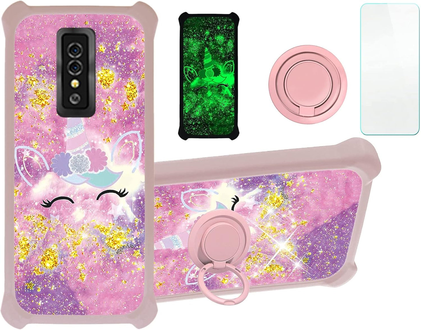 jioeuinly Maxwest Nitro 55a Case Cover with Tempered Glass Screen Protector, Gold Glitter + Luminous, Hard PC + Soft