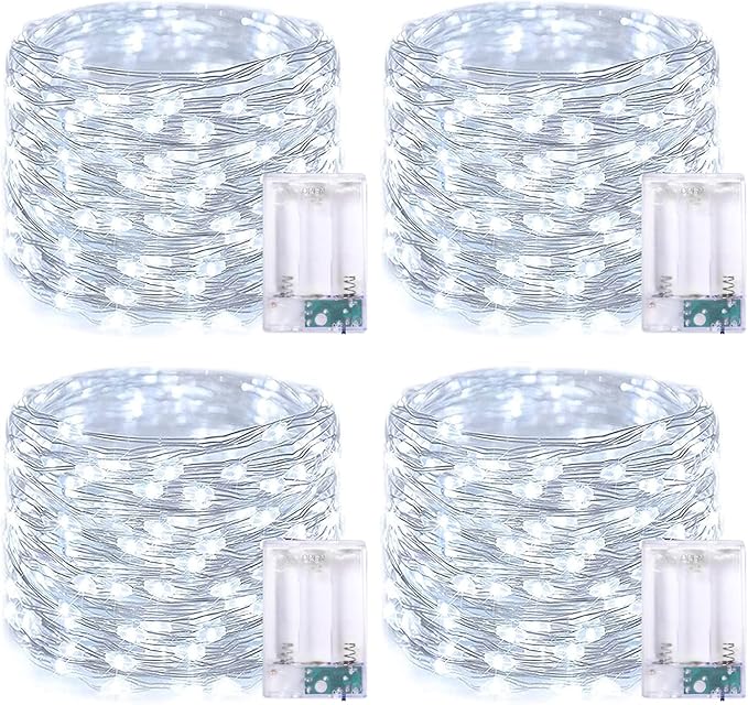 JMEXSUSS 4 Pack 50 LED White Christmas Fairy Lights Battery Operated - 16.1ft Mini Twinkle Lights Indoor Outdoor Waterproof for Dorm Garden Patio Party Wedding Birthday Holiday Decorations