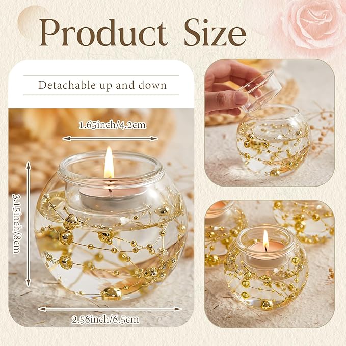16 Pcs Glass Clear Votive Floating Candle Holders with 8 Pcs Bright Pearl String Beads, Tealight Bowl Candle Holder Bulk for Wedding Centerpiece Home Bridal Shower Party Decor (Gold)