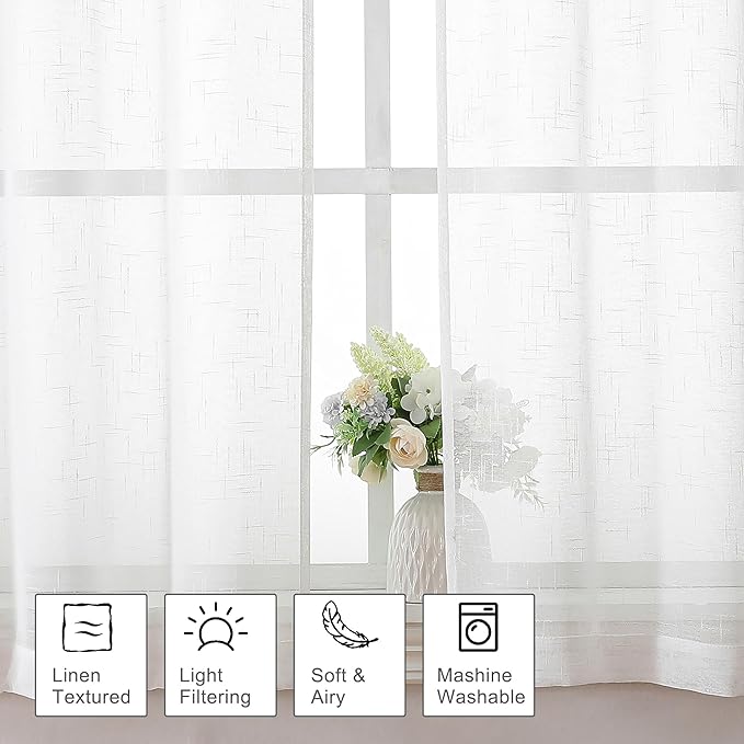 Aiyufeng Kirei Faux Linen White Sheer Curtains 84 Inches Long 2 Panels Set, Light Filtering Slub Textured Farmhouse Rod Pocket Sheer Curtain Drapes for Living Room Bedroom, Each 40Wx84L Inch