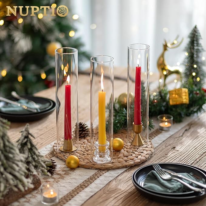 NUPTIO Hurricane Glass Candle Holder: 2.5 x 12 inches Open Ended Cylinder Chimney Replacement for Taper Candles - Bulk Clear Candlestick Holders Sleeve for Christmas Fireplace Decor