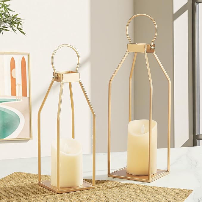 Perfnique Modern Farmhouse Lantern Decor, 15'' 12.6'' Set of 2 Gold Metal Lanterns, 2 LED 6hr Timer Flickering Flameless Candles, Lanterns Decorative for Outdoor, Porch, Fireplace, Patio