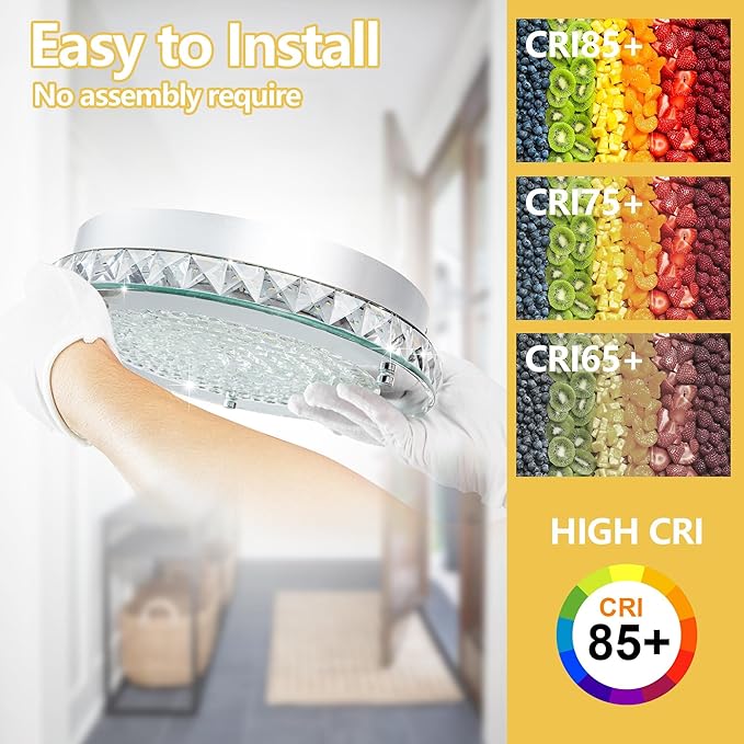 Crystal Flush Mount Ceiling Light Fixture 13.8" Hallway Lighting Fixtures Ceiling Crystal Ceiling Light Fixture Chrome for Kitchen, Bathroom, Bedroom, Closet