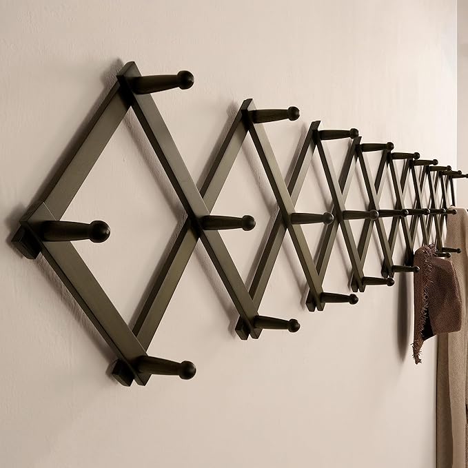 SKOLOO Accordion Wall Hanger with 28 Hooks, Modern Expandable Coat Rack Hat Rack for Wall, Solid Wooden, Dark Walnut Color