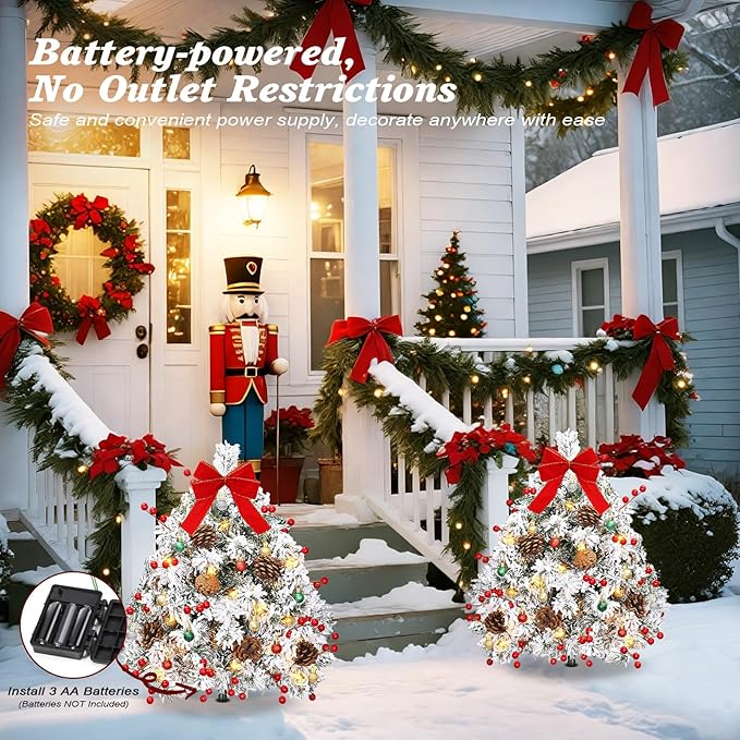 Lewondr Set of 2 Prelit Pathway Christmas Trees, 27.56" Outdoor Christmas Tree with 50 LED Lights, Pine Cones Red Berries, Battery Operated Outdoor Xmas Decor for Yard Home Porch, White Snowflake