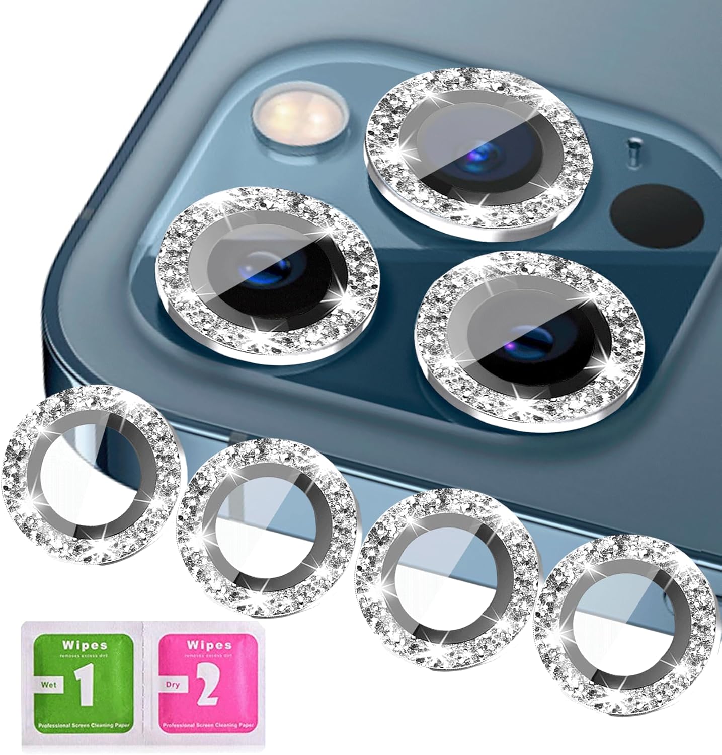 iPhone 11 Series Camera Lens Protector - 3+1 Glitter Bling, Tempered Glass, Case Friendly, Silver Ring Accessories.