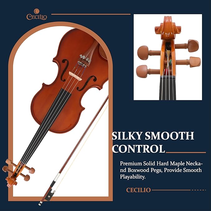 Cecilio 1/4 Violin Solidwood Violin with D'Addario Prelude Strings, Bow, Rosin, Tuner, Shoulder Rest & Lesson Book – Ideal for Beginners