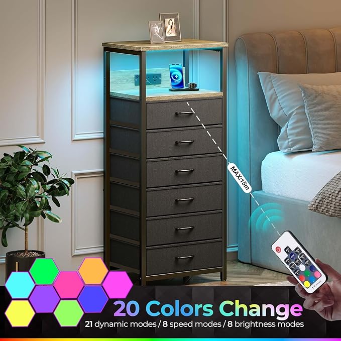 Seventable Night Stand with Charging Station, Tall Nightstand with 6 Fabric Storage Drawers, Side Table with LED Light for Bedroom, Entryway, Greige