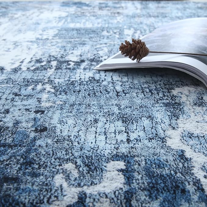 Runner Rug 2'6''x8' Hallway Washable Boho Soft Area Rug Abstract Pattern Non-Slip Faux Wool Vintage for Kitchen, Entryway, Laundry, Bedroom, Blue