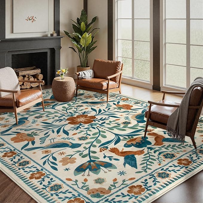 Moynesa Boho Birds Area Rug 5x7 Washable Rug, Floral Carpet for Living Room Low-Pile Soft Bedroom Rugs, Jungle Animal Beige Dining Room Rug Indoor Non-Slip Floor Carpet for Playroom