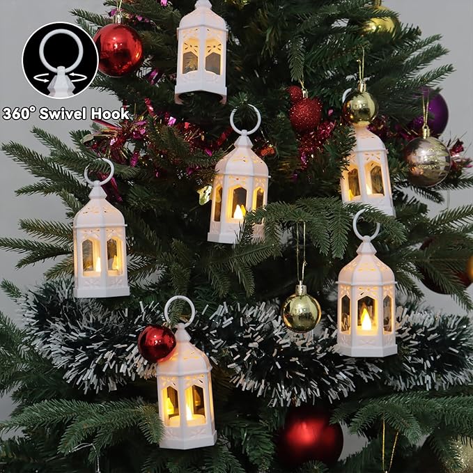 LLQ 8 Pcs Mini Lantern Decor Moroccan Lantern with Flickering LED Candle Table Centerpiece Small Vintage Wedding Hanging Lamp Ornaments Bulk for Wedding Halloween Christmas Party (5 Inch,White)