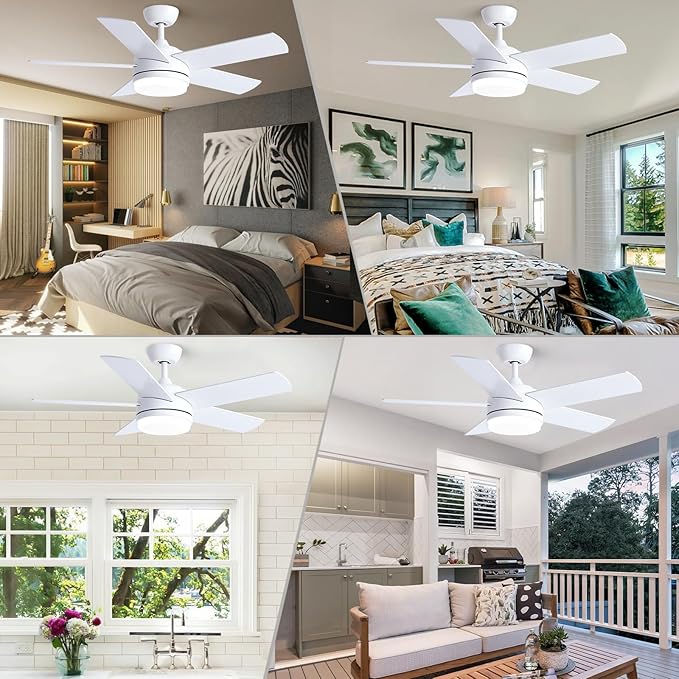 YUHAO 44 Inch White Ceiling Fan with Light and Remote Control.Noiseless,Dimmable,3CCT,6 Speeds Reversible, DC Ceiling Fans for Indoor or Covered Outdoor