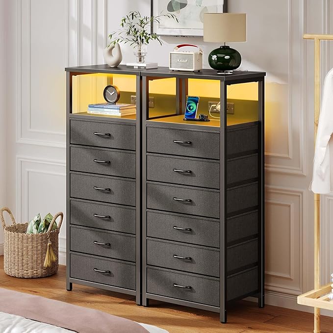 Seventable Night Stand with Charging Station, Tall Nightstand with 6 Fabric Storage Drawers, Side Table with LED Light for Bedroom, Entryway, Black, Set of 2
