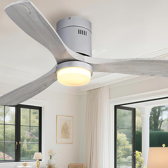 Sofucor Ceiling Fan with Lights 52 Inch Flush Mount Ceiling Fan with Remote Control, 3 Solid Wood Blades Modern Outdoor Ceiling Fans for Bedroom/Farmhouse/Patio/Indoor, Quiet DC Motor, Silver & Grey