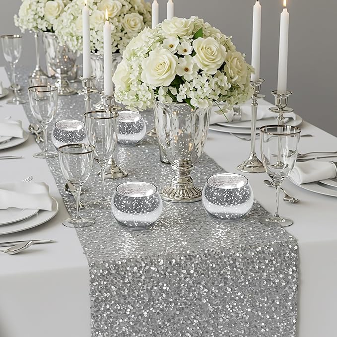 Rtteri 12 Set Votive Candle Holders Wedding Centerpiece Table Decorations Speckled Mercury Glass Votive Candle Holders with Tea Lights Birthday Party Decorations for Home (Silver)