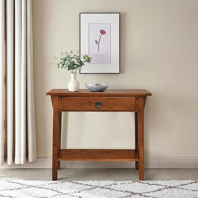 Leick Home Mission Console Table, Solid Wood, 1 Storage Drawer, Bottom Display Shelf, Narrow Depth, Easy-Assembly, For Living Room/Hallway, Russet, 30 in L x 10 in W x 28 in H, 9057-RS