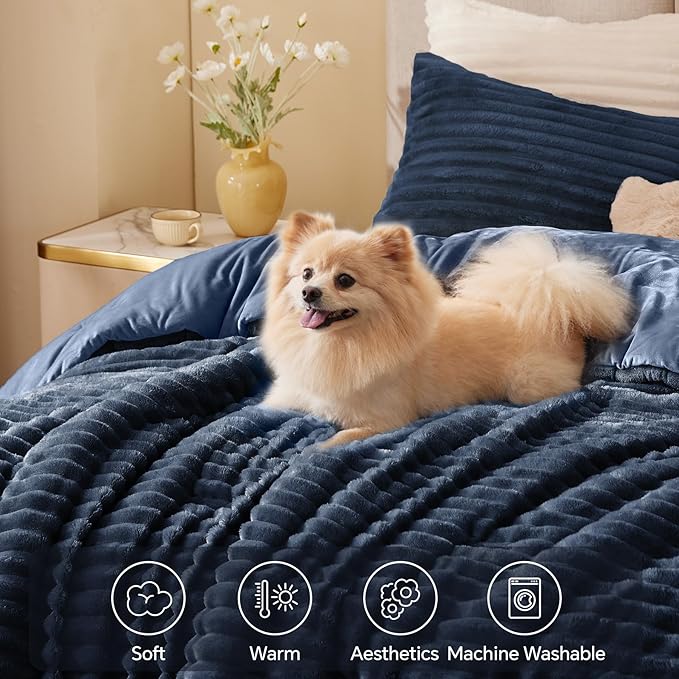 BEDELITE Fleece Twin Comforter Set -Super Soft & Warm Fluffy Navy Blue Bedding, Luxury Fuzzy Heavy Bed Set for Winter with 1 Pillow case