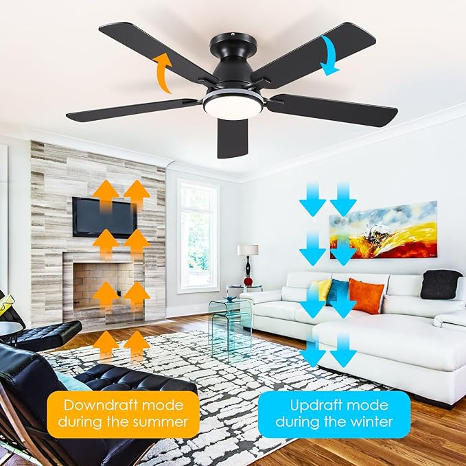 Ceiling Fans with Lights- 52" RGB Low Profile Indoor Ceiling Fan with Light and Remote/APP Control, Flush Mount, LED Dimmable DC Reversible Modern Ceiling Fan for Bedroom（Black）