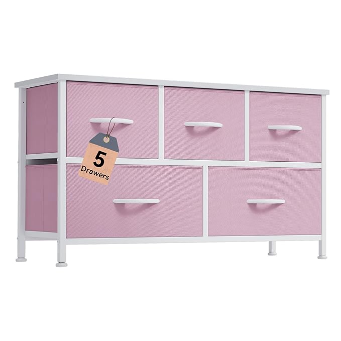 DWVO Dresser for Room with 5 Drawers - Fabric Storage Tower, Long Fabric Dresser, Organizer Unit for Closet, Hallway