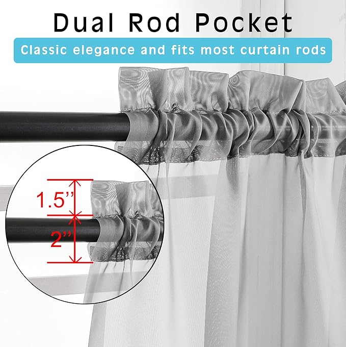 OWENIE Grey Sheer Curtains 24 Inches Long 2 Panels for Bathroom Window, Rod Pocket Light Filtering Sheer Tier Curtains for Small Kitchen Laundry Room, RV, Camper Travel Trailers, 42W x 24L, Gray