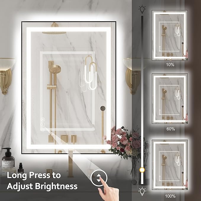 20"x 28" LED Bathroom Mirror with Black Frame, Bathroom Mirror with Lights Front and Backlit, Lighted Mirror Stepless Dimmable, Anti-Fog, Memory, LED Vanity Mirror with Lights 3 Colors