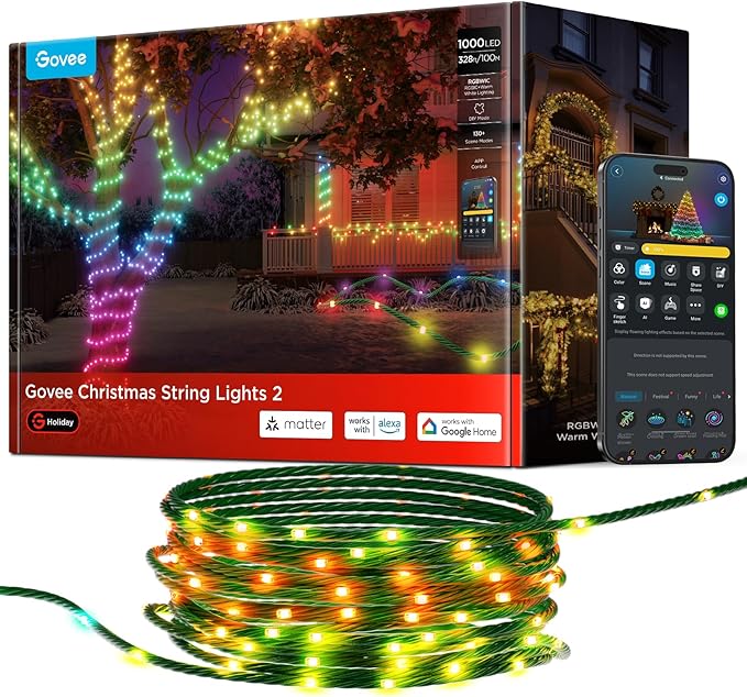Govee Christmas Lights 2, RGBWIC 328FT 1000LEDs String Lights for Holiday Decor, Smart Indoor Outdoor LED Decoration, Shape Mapping Function, 130+ Scene Modes, APP Control, Clear Wire