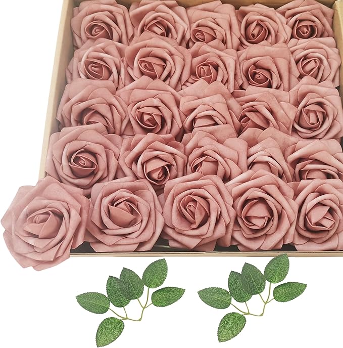 Artificial Rose Flowers 25pcs, Brown Foam Fake Rose Faux Flower for Wedding Bouquets Bridal Shower Centerpieces Floral Arrangements Home Decorations Party Backdrops Table