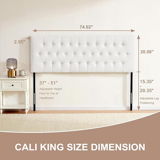 Tufted Upholstered Headboard California King Size, Solid Wood Head Board with Durable Metal Legs, Adjustable Height Bed headboard from 37” to 51” Fabric Headboard in Button Design, White