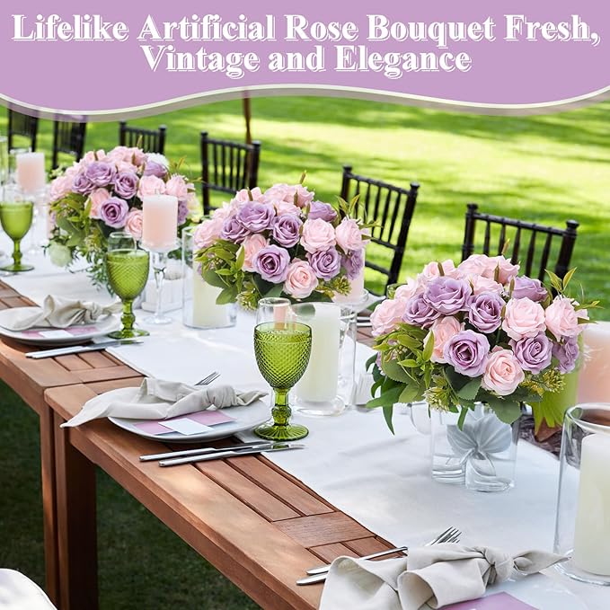 Zeyune 16 Bunches 12 Inch Artificial Mini Rose Bouquet 160 Heads Bridal Flower Bouquets Fake Silk Rose Bulk for Wedding Bridal Shower Christmas Home Office Garden Decoration(Pink and Purple)